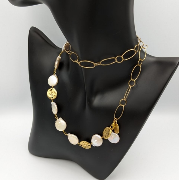 JULIO Coin Pearl Necklace Gold Tone Retired Freshwater Pearl 24 inch long Signed - Picture 5 of 15